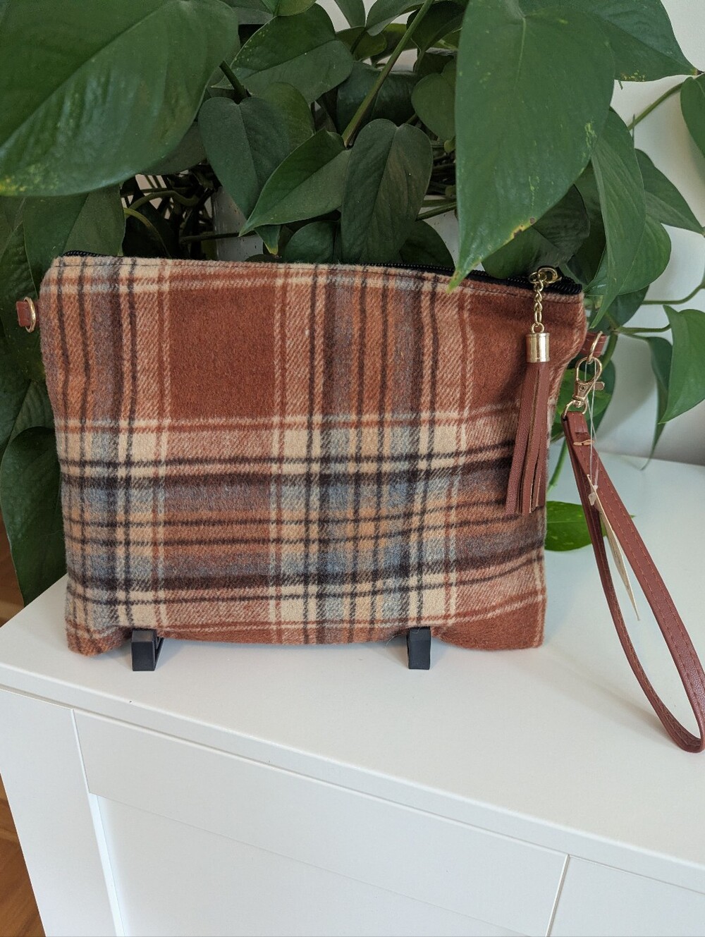 NWT Plaid Brown Wristlet / Clutch / Crossbody